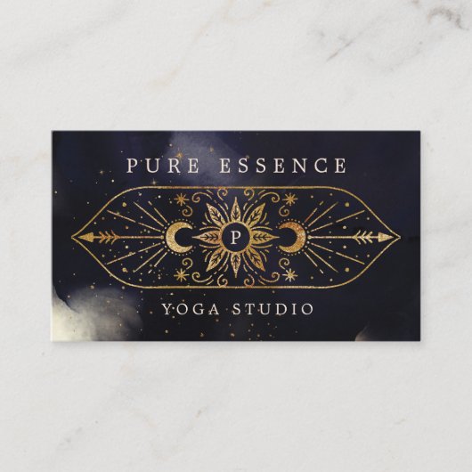 Holistic Celestial Sun & Moon Dark Ink Monogram Visitekaartje (Voorkant)
