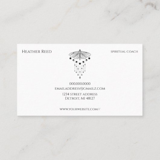 Holistic Heather | Moon Phase Moth Spirituele Coac Visitekaartje (Achterkant)