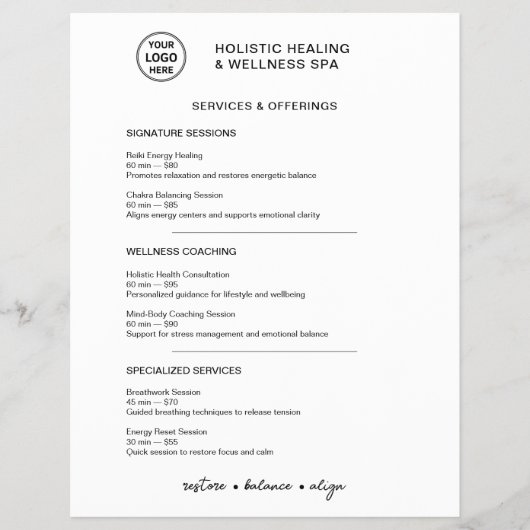 Holistic Wellness Services Minimalist Menu Flyer (Voorkant)