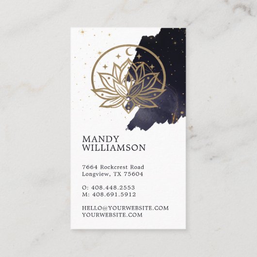 Holistische Hemelse Maan & Lotus Donkere Inkt Mono Visitekaartje (Achterkant)