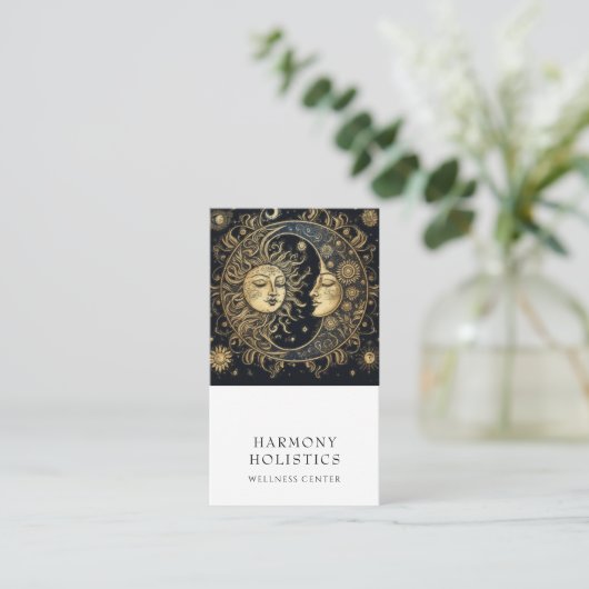 Holistische hemelse zon maan sterren goud zwart visitekaartje (Staand voorkant)
