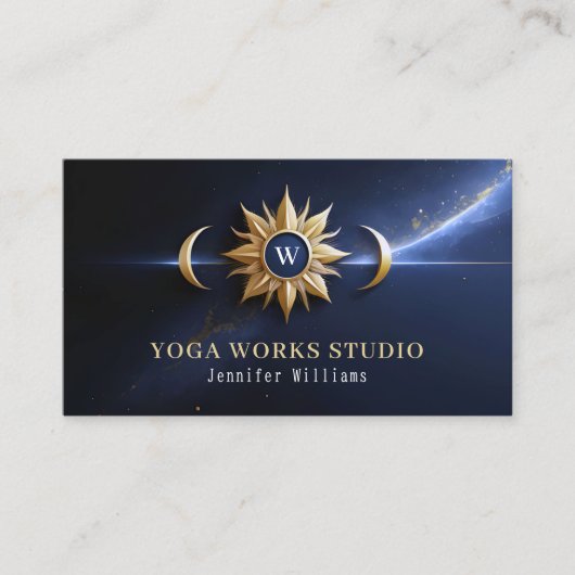 Holistische hemelse zon & maan yoga marine & goud visitekaartje (Voorkant)