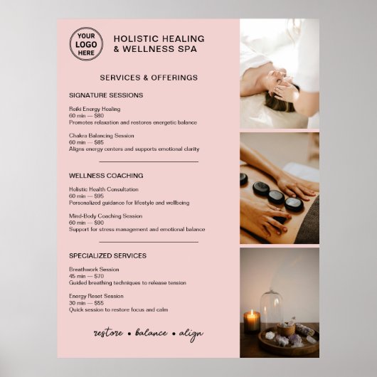 Holistische Wellness Diensten Menu Roze Poster (Voorkant)