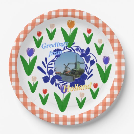 Holland Delftware Style Tulips Floral Pattern Papieren Bordje (Voorkant)