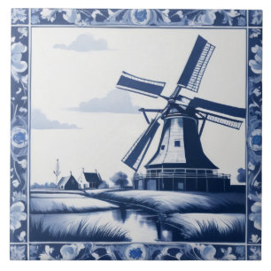 Holland Nederland Windmolen Delfts Blauw en Wit Tegeltje
