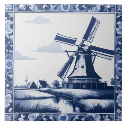 Holland Nederland Windmolen Delfts Blauw en Wit Tegeltje (Voorkant)