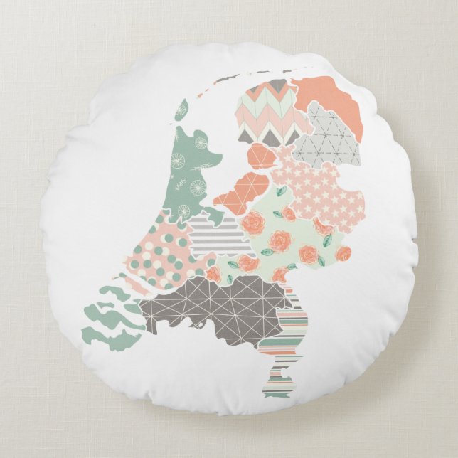 Holland Provincie Kaart Geometrische Patchwork Sti Rond Kussen (Voorkant)