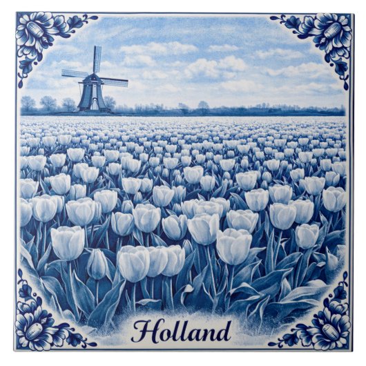 Holland tulips Delft Blue style ceramic tile Tegeltje (Voorkant)