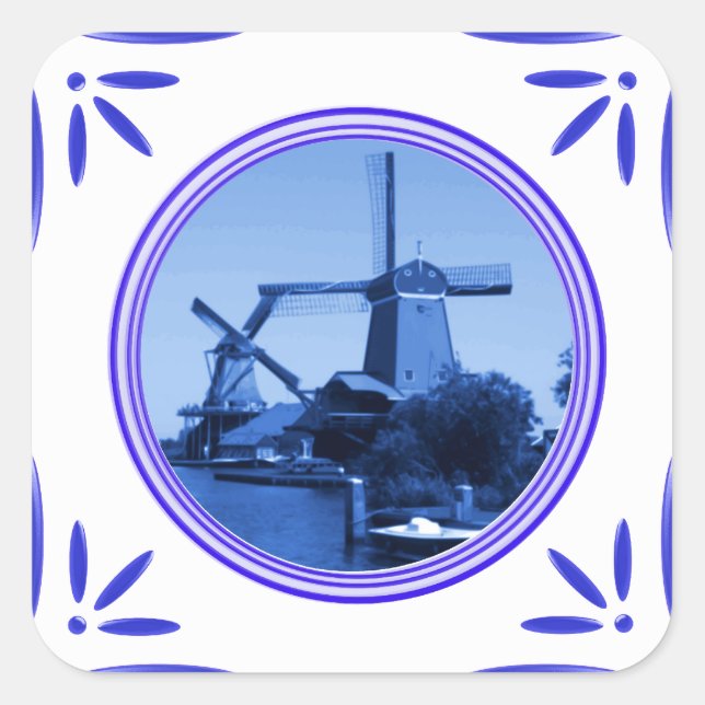 Holland Windmills Delft-Blue-Tile-look Gedrukt Vierkante Sticker (Voorkant)