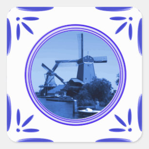 Holland Windmills Delft-Blue-Tile-look Gedrukt Vierkante Sticker