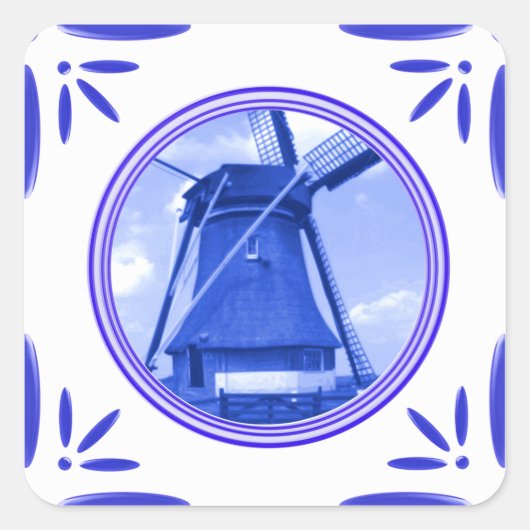 Holland Windmolen Delft-Blue-Tegel-look bedrukt Vierkante Sticker (Voorkant)