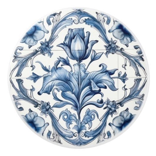 Hollands Blauw Tulpenpatroon Keramische Knop (Voorkant)