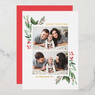 Hollies en Greenery Two Photo Merry Kerstmis Folie Feestdagenkaart