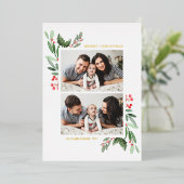 Hollies en Greenery Two Photo Merry Kerstmis Folie Feestdagenkaart (Staand Voorkant)