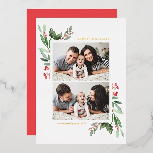Hollies en Greenery Two Photo Prettige feestdagen (Voorkant / Achterkant)