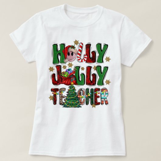 Holly A Jolly Teacher Kerstboom Verlicht Luipaard T-shirt (Design voorkant)