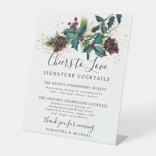 Holly and Berries Cocktails Wedding Bar Reclamebord Met Voetstuk (Voorkant)
