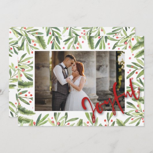 Holly and Berries Joyful-kerstfoto Feestdagenkaart (Voorkant / Achterkant)