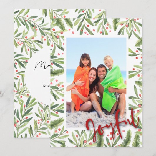 Holly and Berries Joyful-kerstfoto Feestdagenkaart (Voorkant / Achterkant)