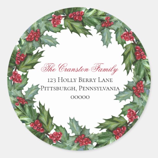 Holly and Berries Kerstvakantie retouradres Ronde Sticker (Voorkant)