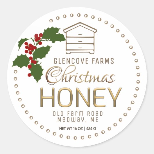 Holly and Berries Merry KerstGold Hive Honey Ronde Sticker (Voorkant)