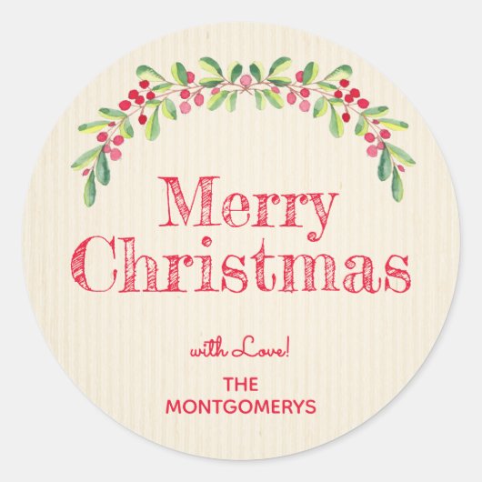 Holly and Berries on Ivory Christmas Holiday Ronde Sticker (Voorkant)