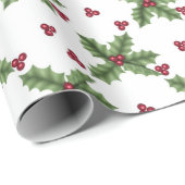 Holly and Berries On White Cadeaupapier (Rol Hoek)