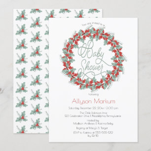 Holly and Berries Wreath Holiday Baby shower Kaart
