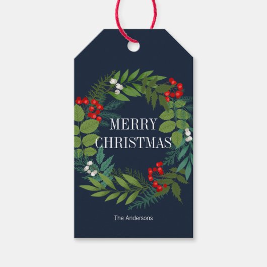 Holly and Greenery Merry Kerstfeestdag Cadeaulabel (Voorkant)