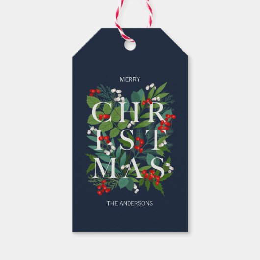 Holly and Greenery Merry Kerstfeestdag Cadeaulabel (Voorkant)