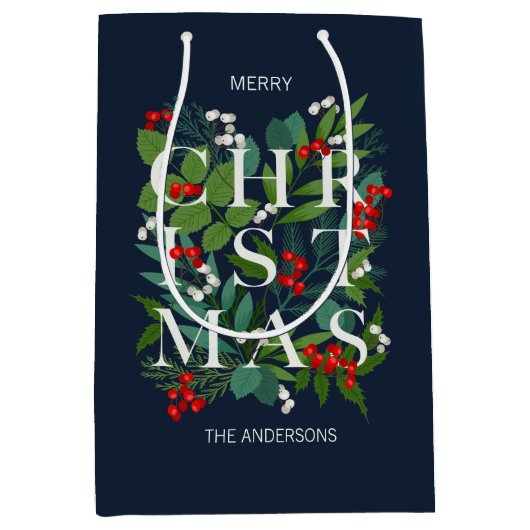 Holly and Greenery Merry Kerstfeestdag Medium Cadeauzakje (Voorkant)