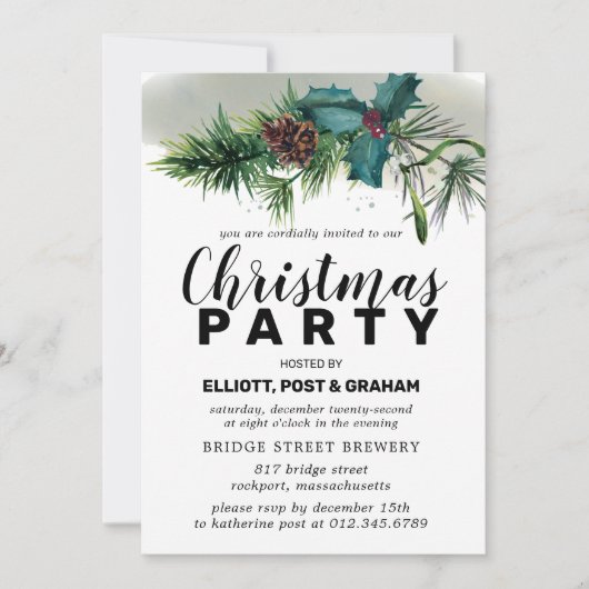 Holly and Pine Botanical Kerstparty Kaart (Voorkant)