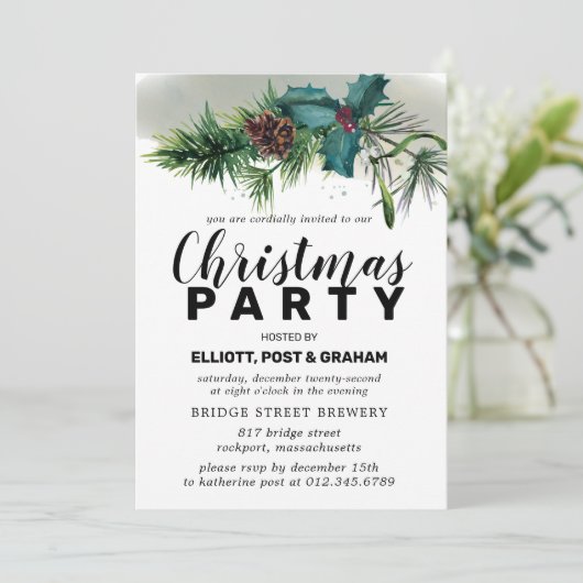 Holly and Pine Botanical Kerstparty Kaart (Staand voorkant)