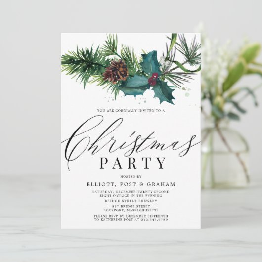 Holly and Pine Corporate Kerstparty Kaart (Staand voorkant)