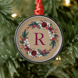 Holly and Pine Kerstmis Monogram Metalen Ornament