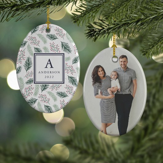 Holly and Pine Monogram & Foto dubbelzijdig Keramisch Ornament