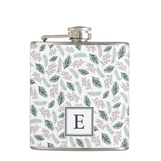 Holly and Pine Monogrammed Kerstmis Heupfles (Voorkant)