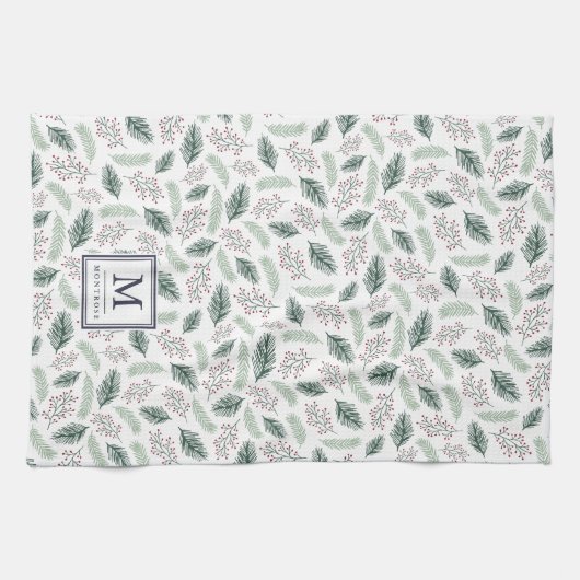 Holly and Pine Monogrammed Kerstmis Theedoek (Horizontaal)