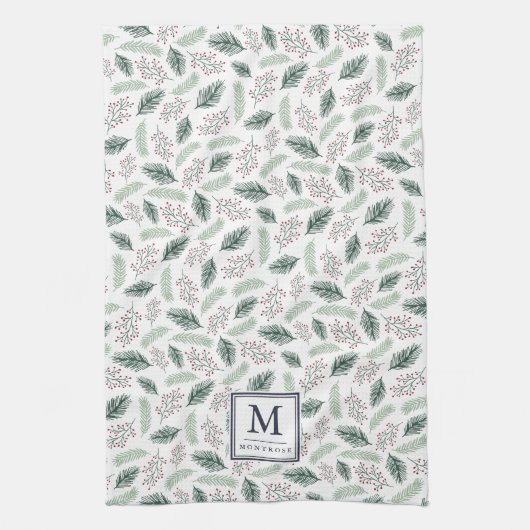 Holly and Pine Monogrammed Kerstmis Theedoek (Verticaal)