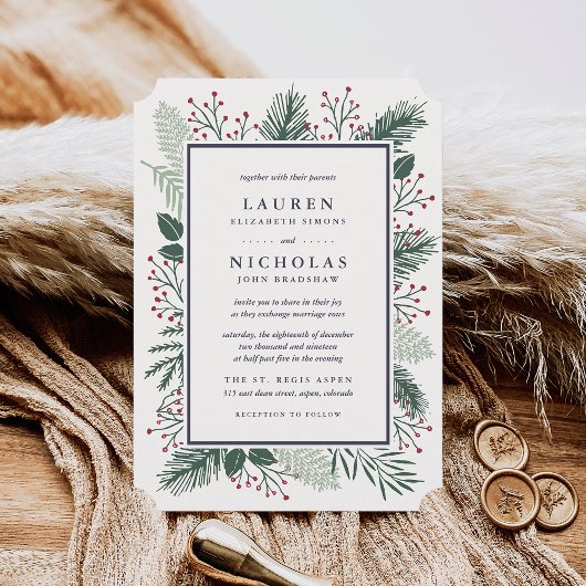 Holly and Pine Wedding Invitation Kaart