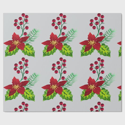 Holly and Pointsettia  pattern Cadeaupapier (Vlak)