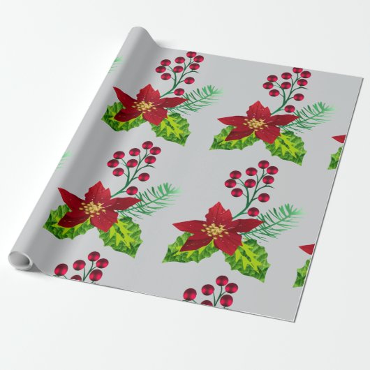 Holly and Pointsettia pattern Cadeaupapier (Uitgerold)