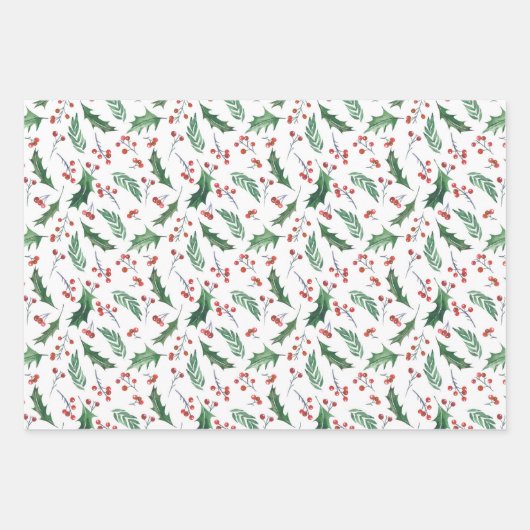 Holly and Red Berry Holiday Pattern Inpakpapier Vel (Voorkant 3)