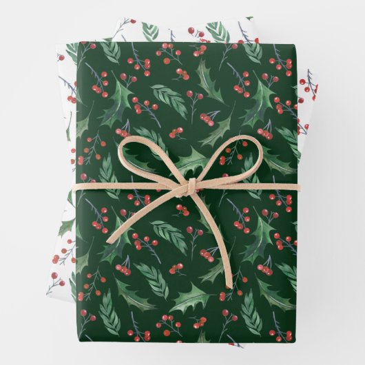 Holly and Red Berry Holiday Pattern Inpakpapier Vel (In situ)