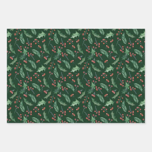 Holly and Red Berry Holiday Pattern Inpakpapier Vel (Voorkant)