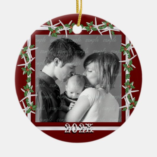Holly and Starfish Red Family Photo Frame Keramisch Ornament (Voorkant)