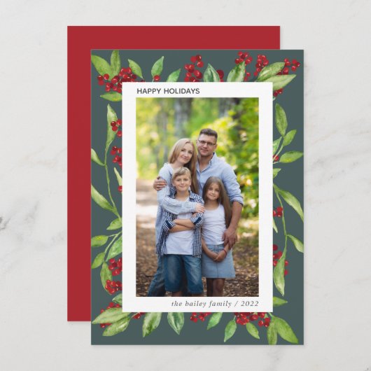 Holly and Waterverf Greenery Photo Holiday Card Kaart (Voorkant / Achterkant)