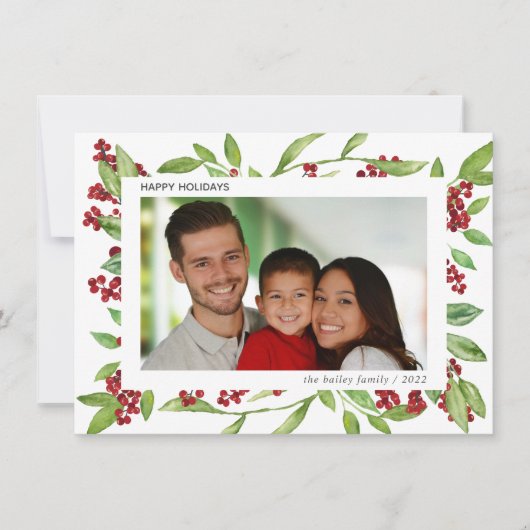 Holly and Waterverf Greenery Photo Holiday Card Kaart (Voorkant)