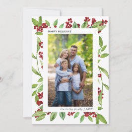 Holly and Waterverf Greenery Photo Holiday Card Kaart