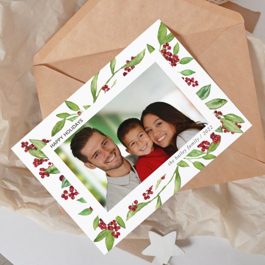 Holly and Waterverf Greenery Photo Holiday Card Kaart